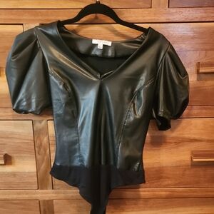 Elegant Black Faux Leather Bodysuit with Puff Sleeves
